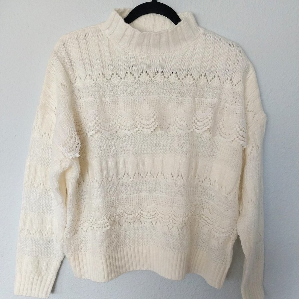 Simplee Ivory Lace Pointelle Ribbed Knit Mock Neck Sweater NWOT